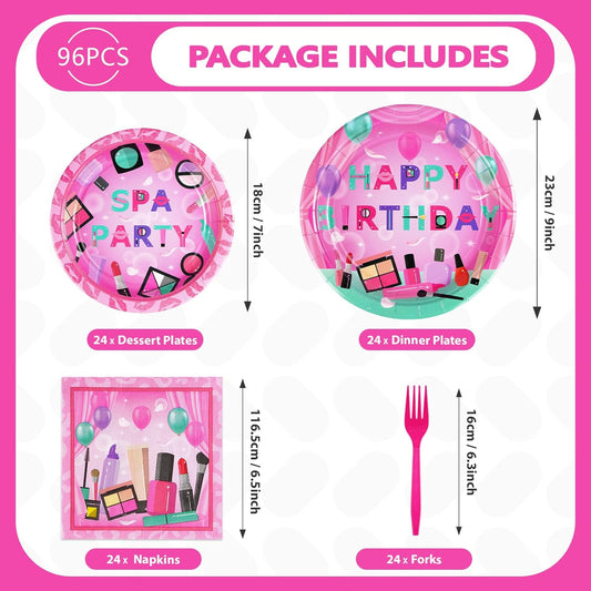 Grencian 96Pcs Spa Birthday Party Supplies Hot Pink Spa Paper Plates and Napkins Tableware Sets Makeup Party Decorations for Girls Women Slumber Pamper Bachelorette Party Favors Serves 24