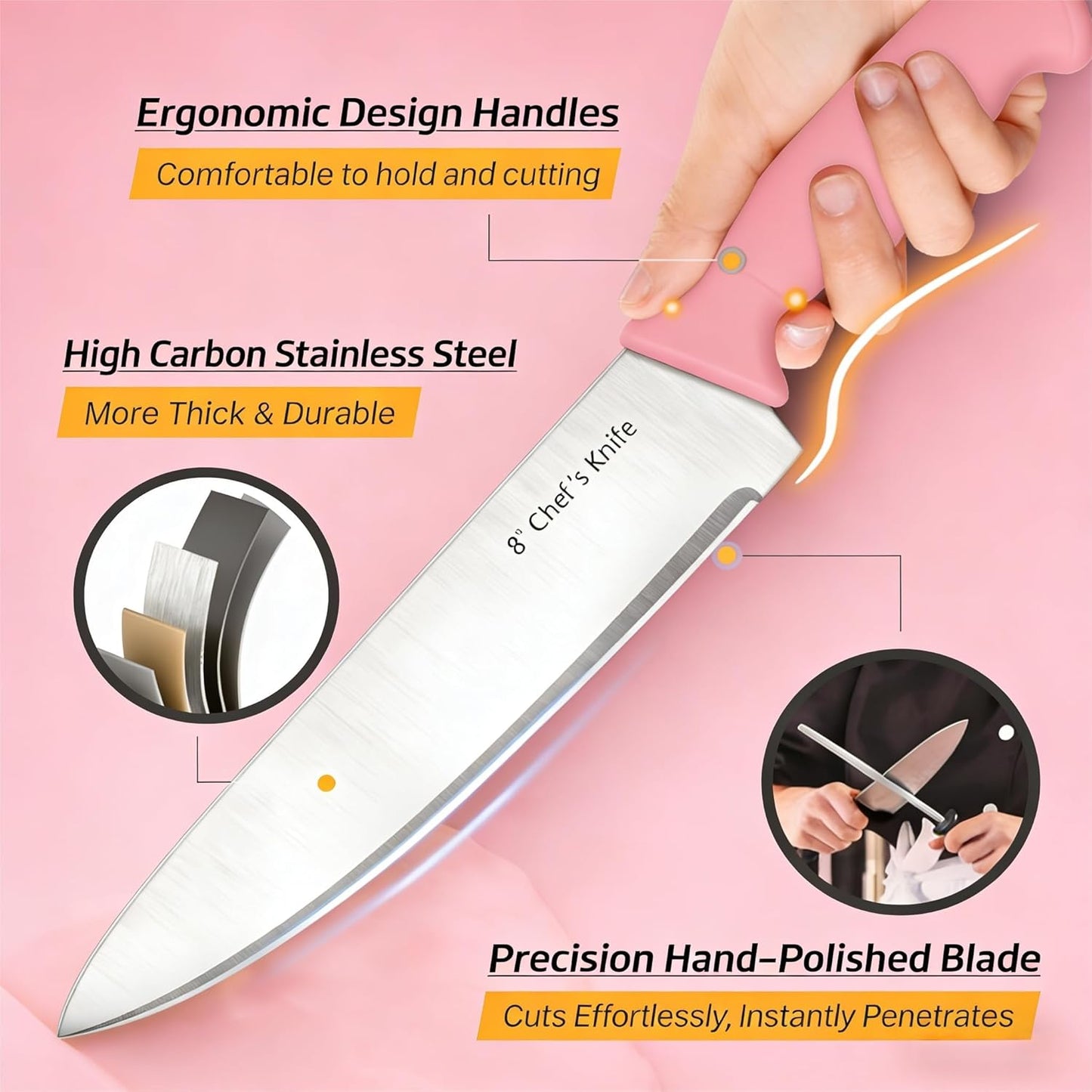Knife Set, 6-Piece Kitchen Knife Set, German High Carbon Stainless Steel, Durable & Easy Clean Knife Block, Peach Pink
