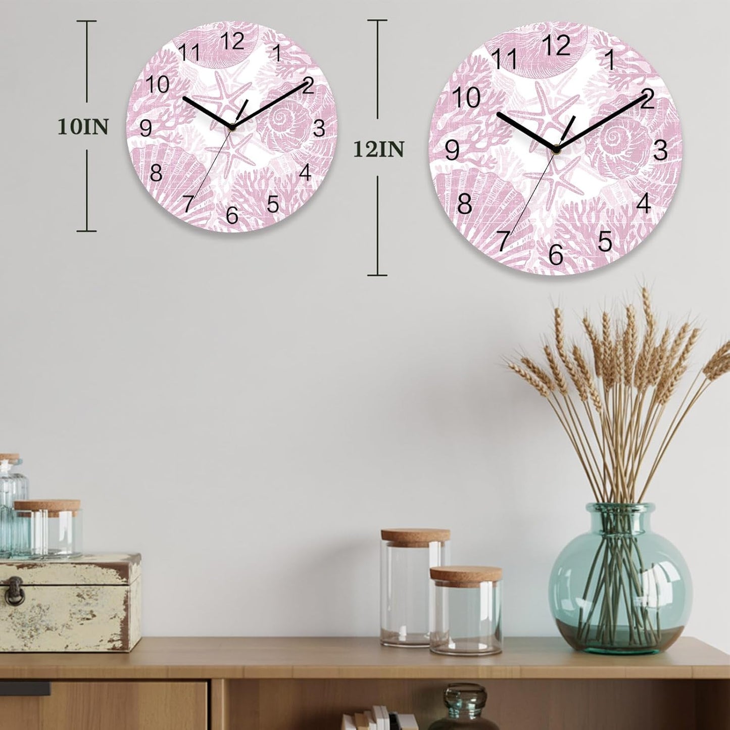 Coral Wall Clock Battery Operated Non-Ticking 10" Round Wood Clocks, Ocean Coral Coastal Marine Pink Kitchen Wall Clock for School Bathroom Living Room Home Office Wall Decor