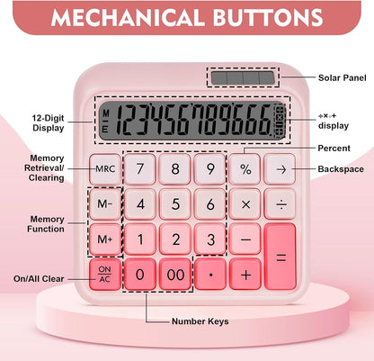 Mechanical Switch Calculator, Desktop Calculators, Pink Calculators Big Buttons, 12-Digits Large LCD Display, Solar & Battery Dual Power, Desk Calculator for Office Home School Basic Business