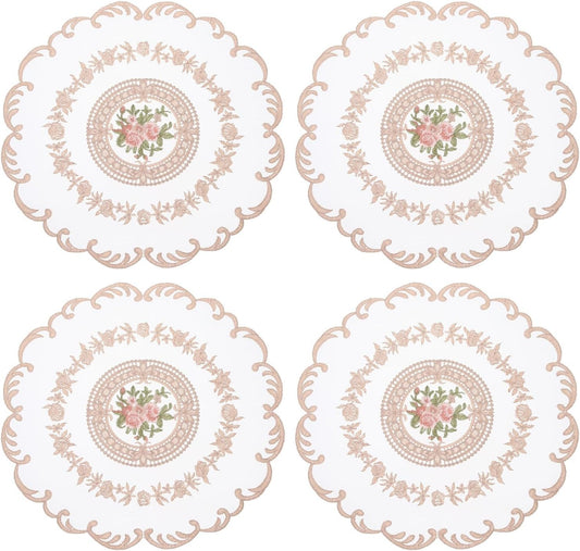uxcell 4Pcs Retro Lace Placemats, 12.6" Vintage Table Doilies Dining Table Place Mats Lace Embroidered Place Mats French Crochet Doilies for Wedding Home Kitchen Decoration, Light Pink