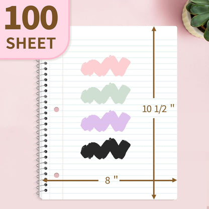 SUNEE Spiral Notebook, 1-Subject, Wide Ruled Paper, 8" x 10-1/2", 100 Sheets per Notebook, 3-Hole Punched Paper, Water Resistant Cover, Double-sided Pockets, Spiral Lined Notebooks for School, Pink