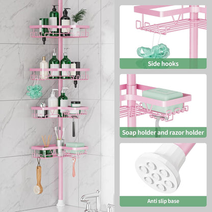 DAOYA Corner Shower Caddy Tension Pole - Pink - Rustproof Adjustable Bathroom Organizer Shelf for Shampoo, 25–114.2 Inch Shower Rack for Renters, Apartments