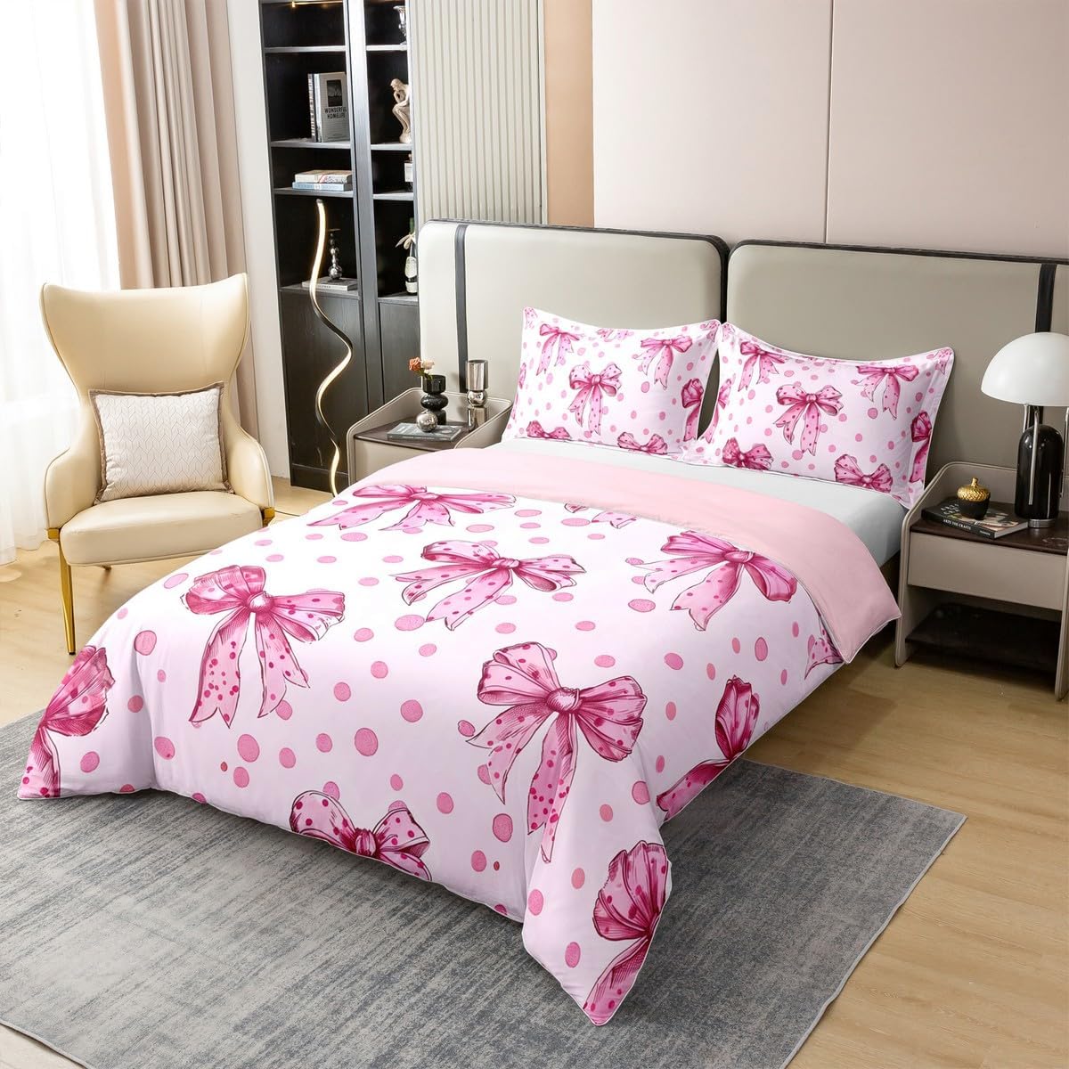 Erosebridal Pink Princess Bow 100% Cotton Duvet Cover Twin Cute Coquette Bowknot Bedding Set for Kids Girls Adults Kawaii Ribbon Bow Comforter Cover Pink Watercolor Polka Dot Bed Set 2 Pcs