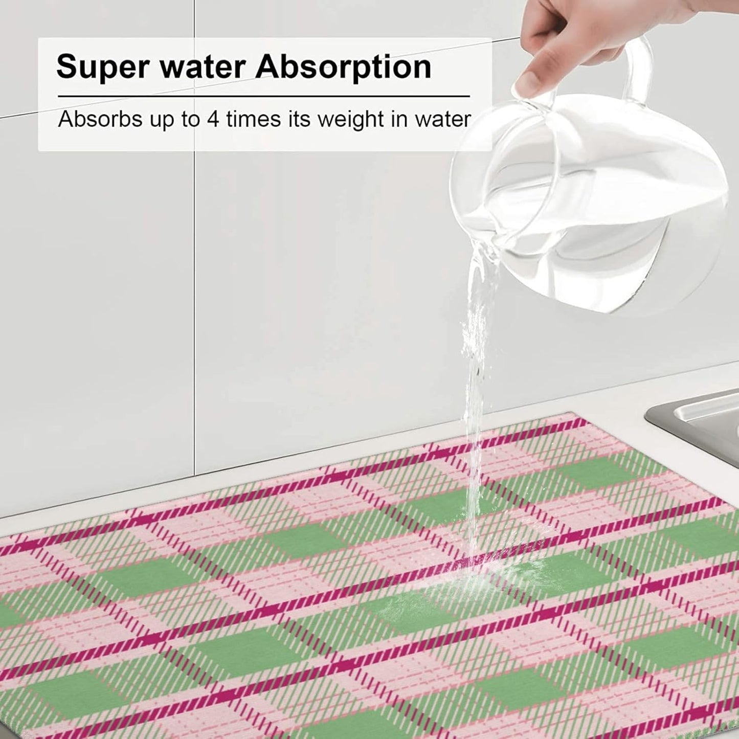 Dish Drying Mat Kitchen Counter Absorbent Light Green And Pink Tartan Plaid Pattern In Fresh Coffee Sink Mat Dish Drainer Pad 18 Inch X 24 Inch