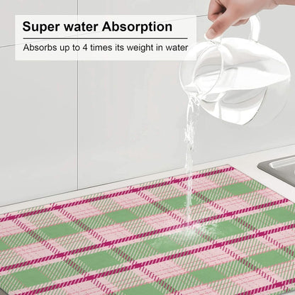 Dish Drying Mat Kitchen Counter Absorbent Light Green And Pink Tartan Plaid Pattern In Fresh Coffee Sink Mat Dish Drainer Pad 18 Inch X 24 Inch