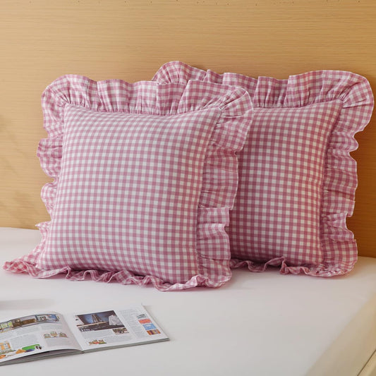 Silnuo 2 Pack Vintage Pink/White Plaid Ruffle Throw Pillow Covers,100% Washed Cotton Farmhouse Gingham Decorative Pillow Shams Checkered Pillowcases 20" x 20" for Bed,Sofa，Living Room