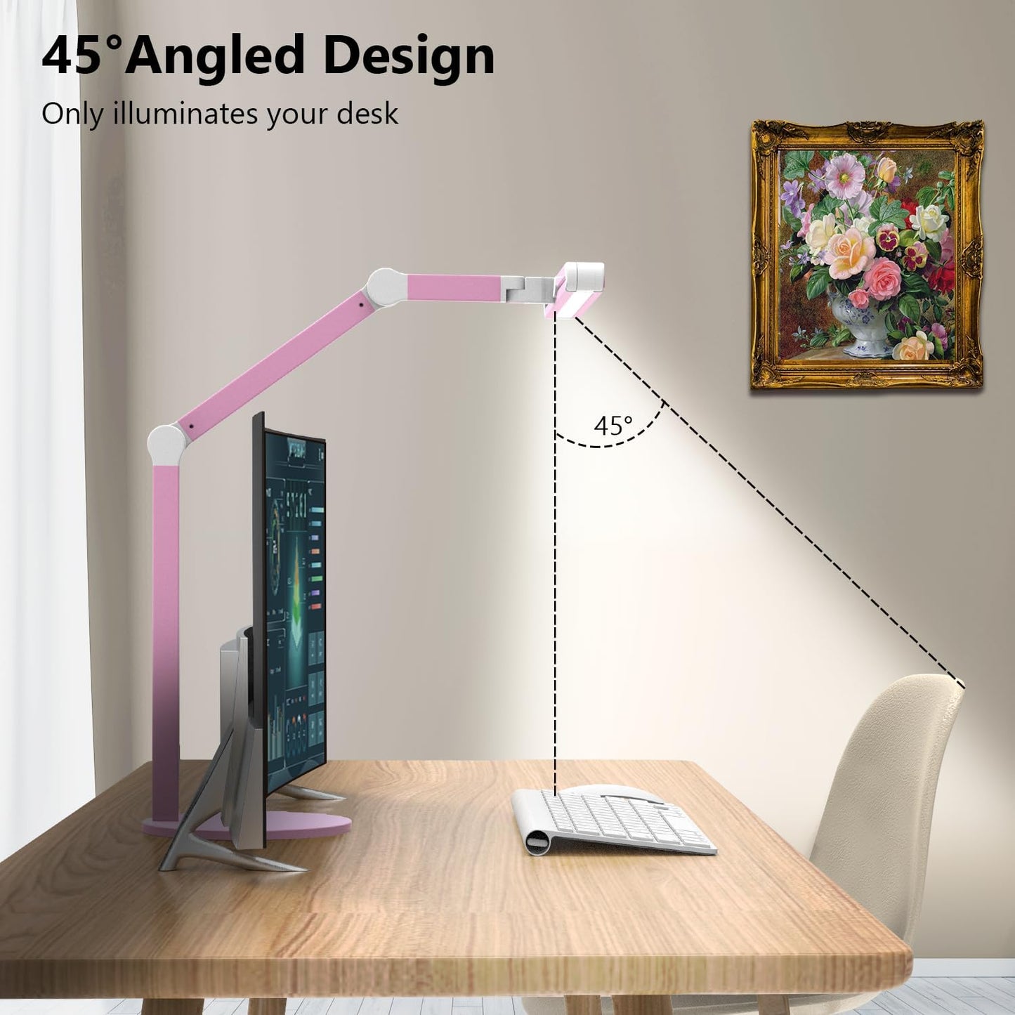 Micomlan Led Desk Lamp with Base, Adjustable Tall Architect Desk Light for Home Office with Flexible Swing Arm, 24W Pink Bright Table Lamp Auto Dimming Computer Light for Workbench
