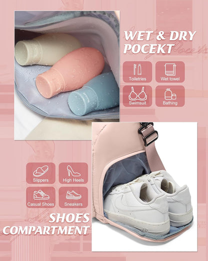 Gym Bag for Women with Shoe Compartment Lightweight Travel Duffle Bags Carry on Bag Overnight Weekender Duffel Bag with Wet Pocket Personal Item Travel Bag Tote Bag Workout Dance Bag Pink