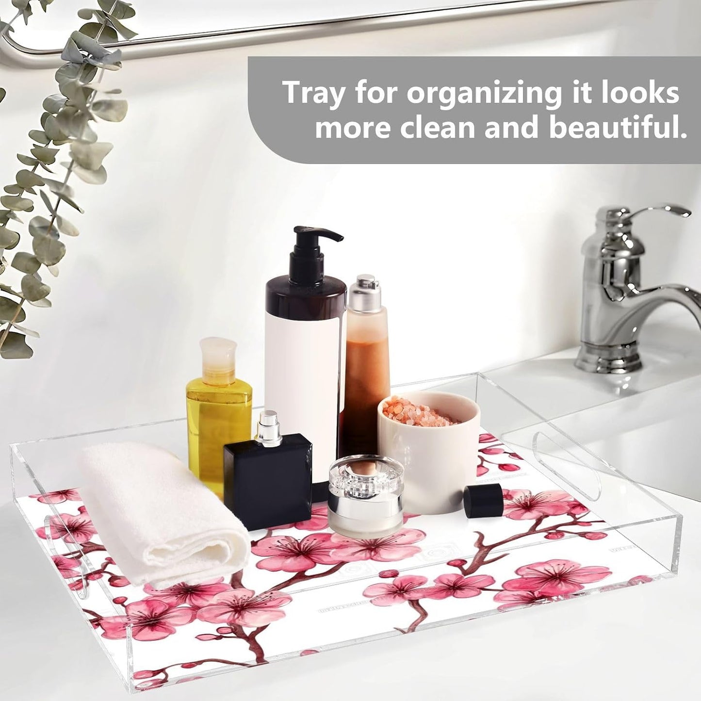 Pink Peach Flowers Acrylic Serving Tray with Handles,Clear Serving Tray Decorative Organiser for Ottoman, Kitchen, Bedroom Decorative 12x16 Inches