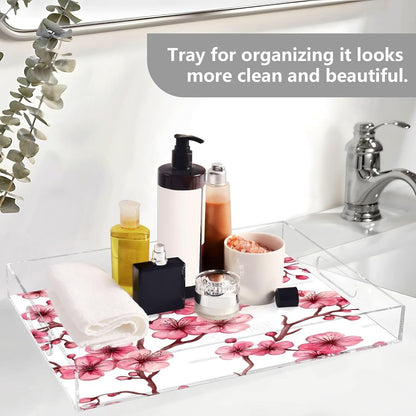 Pink Peach Flowers Acrylic Serving Tray with Handles,Clear Serving Tray Decorative Organiser for Ottoman, Kitchen, Bedroom Decorative 12x16 Inches