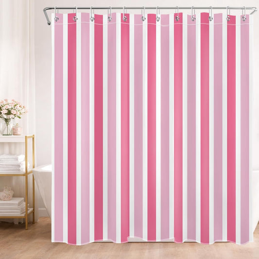 Pink and White Shower Curtain Modern Vertical Stripe Abstract Geometric Design Polyester Fabric Bathroom Decor Curtains, 72W X 78L inches