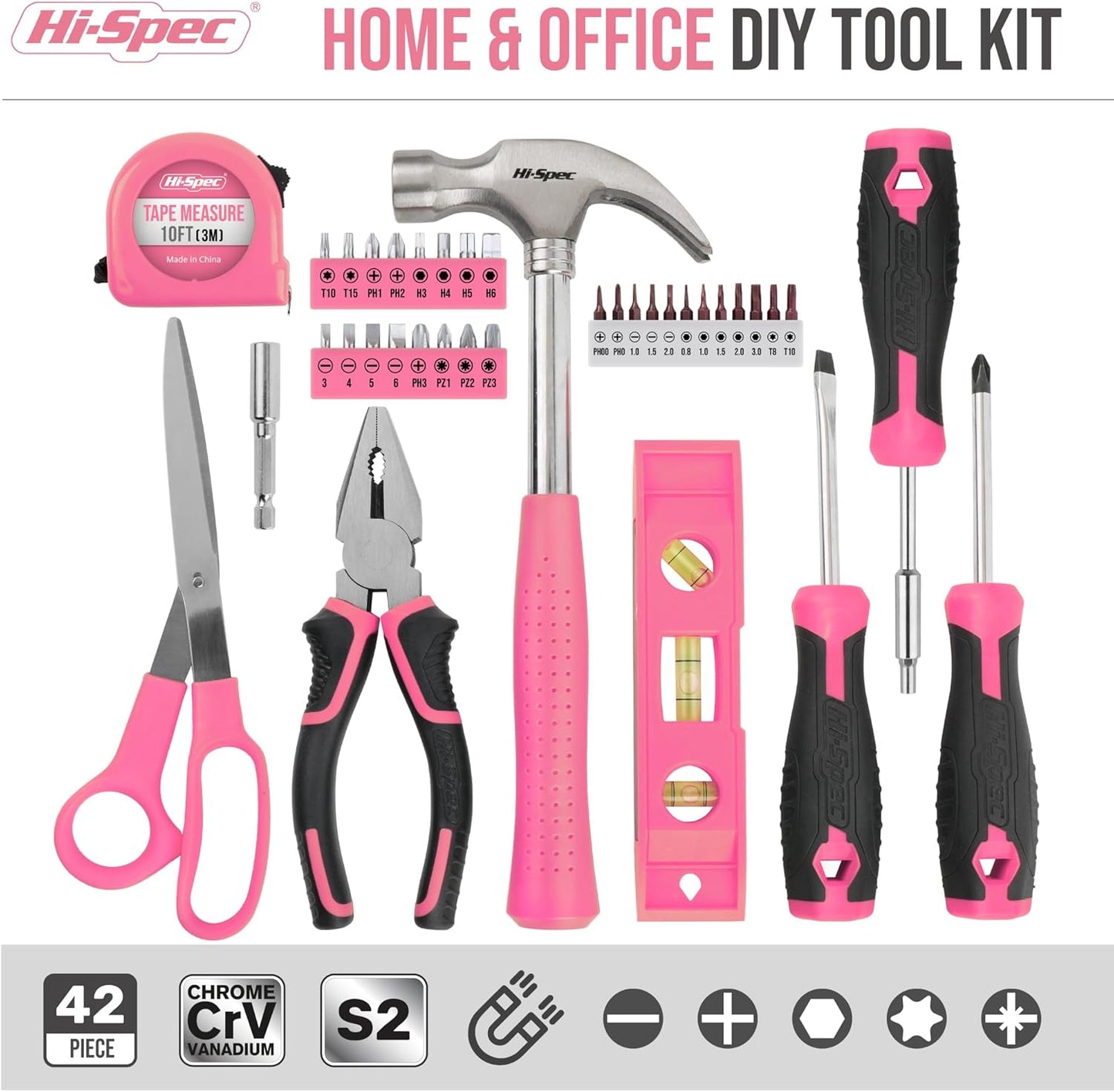 Hi-Spec Tool Kit, General Household Hand Tool Set with Toolbox Storage Case, All-in-One Compact Toolkit for DIY & Dorm Use, Pink