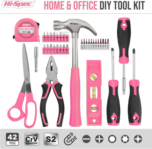 Hi-Spec Tool Kit, General Household Hand Tool Set with Toolbox Storage Case, All-in-One Compact Toolkit for DIY & Dorm Use, Pink