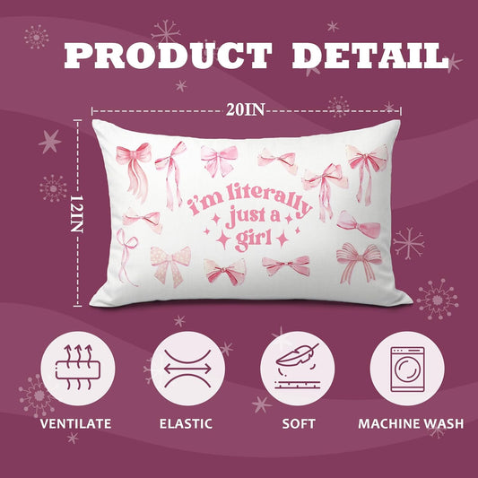 Coquette Bow Pink 12x20 Pillow Cover, Girly Room Decor Aesthetic, Preppy I'm Literally Just a Girl Lumbar Pillow Covers Decorative for Girls Bedroom College Dorm Apartment Sofa Couch