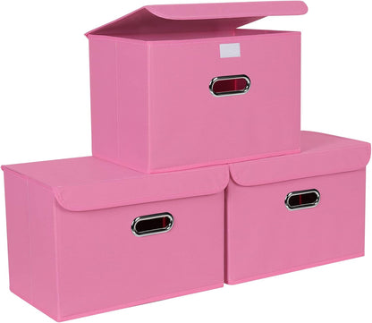 STOREONE Fabric Storage Cube Bins Foldable Organizer Container Collapsible Basket with Lids and Metal Handles, for Home, Bedroom, Closet 3 Pcs (Pink)