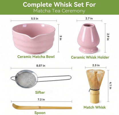 Matcha Whisk Set with Elegant Pink Ceramic Bowl - Complete Matcha Making Kit, Bamboo Whisk (Chasen), Holder, Matcha Sifter, Scoop, Traditional Tea Ceremony Tools