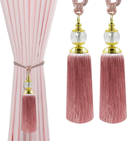 Tassel Curtain Tiebacks Handmade Rope Tie Backs Tassels for Curtains Pink Crystal Drapery Tieback Holdbacks Decorative Curtain Ties Farmhouse Drape Holders Window Treatment 2 Pack