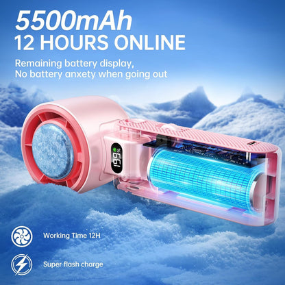 Handheld Portable Fan with Ice Cooler: 199-Speed 5500mAh Rechargeable Handheld Fan, 12H Time Hand Cooling Personal Fans with 20000 RPM Air Turbo Tech for Travel Outdoor (Pink)