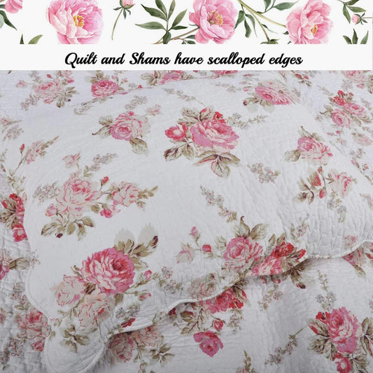 Cozy Line Home Fashions Romantic Pink Peony Floral 100% Cotton Reversible Quilt Bedding Set, Coverlet, Bedspread (Pink Peony, Queen - 3 Piece)