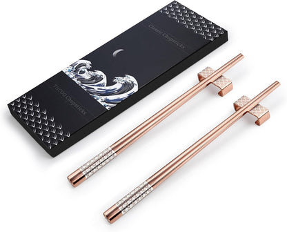 Titanium Stainless Steel 18/8 Reusable Chopsticks - 2 Pairs with Holder, Dishwasher Safe, Lightweight Japanese Style Gift Set (Rose Gold)