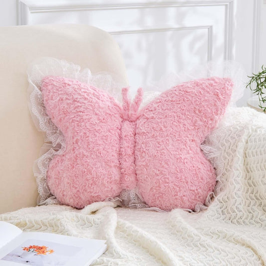 XVTRU Butterfly Pillow Dusty Pink Decorative Pillows 15" Butterfly Shaped Cute Throw Pillows with Lace Aesthetic Bow Plush Cushion for Room Decor Bed Sofa Couch