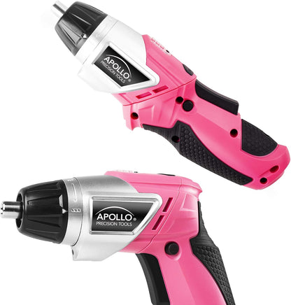 Apollo Tools Lightweight Cordless Screwdriver Set Includes Rechargeable 3.6 Volt Li-ion Screwdriver and 45 Piece Accessory Set in Black Carrying Case- Pink Ribbon- Pink - DT4944P