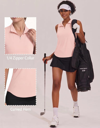 PINSPARK Women Golf Shirts Sleeveless UPF 50+ Tennis Polo Shirts 1/4 Zip with Collar Racerback Tank Tops Pickleball Shirts