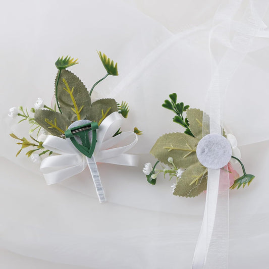 Alizeal 2Pcs of Wrist Corsage and Boutonniere Set, Artificial Flowers Accessories Suit Decor for Wedding Prom Party Homecoming Ceremony, White+Pink