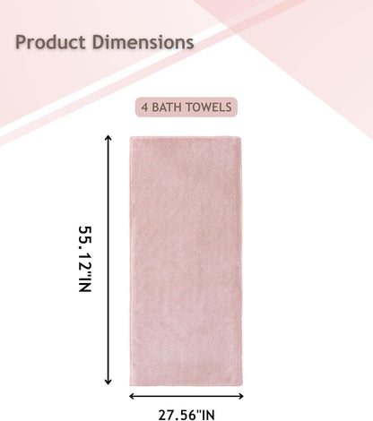 sakano 4-Piece Bath Towel Set,Quick-Dry Absorbent Lint Free & Launder Soft Coral Velvet Microfiber Towels for Bathing, Fitness, Spa, and Guest Use -Pink, 28 x 55 inches