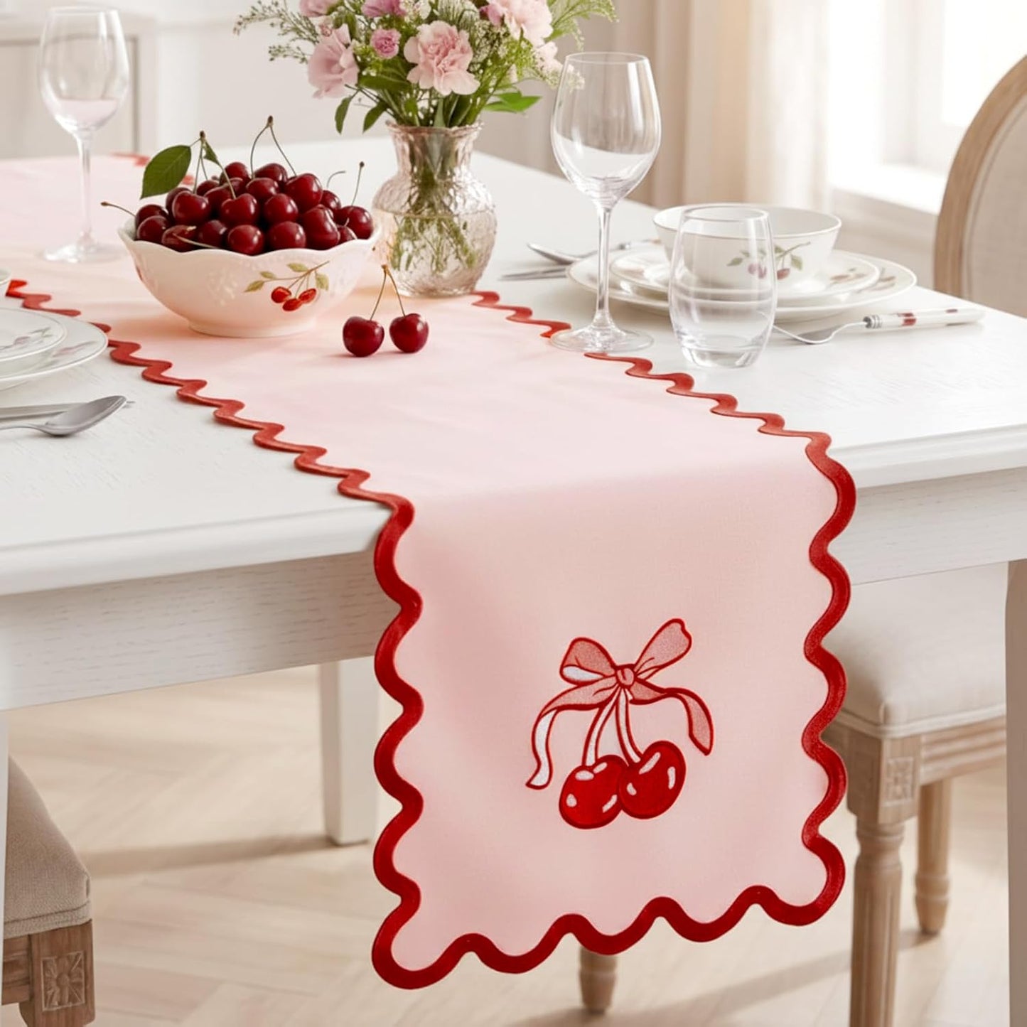 Breling Pink Bow Cherry Table Runner 70 Inches Coquette Scalloped Edge Table Runner Cute Embroidery Preppy Neutral Rustic Dining Decor for Birthday Baby Shower Party Kitchen Deck Decor