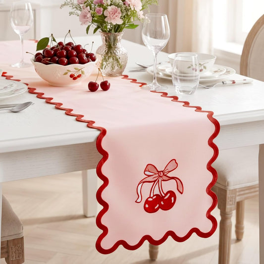 Breling Pink Bow Cherry Table Runner 70 Inches Coquette Scalloped Edge Table Runner Cute Embroidery Preppy Neutral Rustic Dining Decor for Birthday Baby Shower Party Kitchen Deck Decor