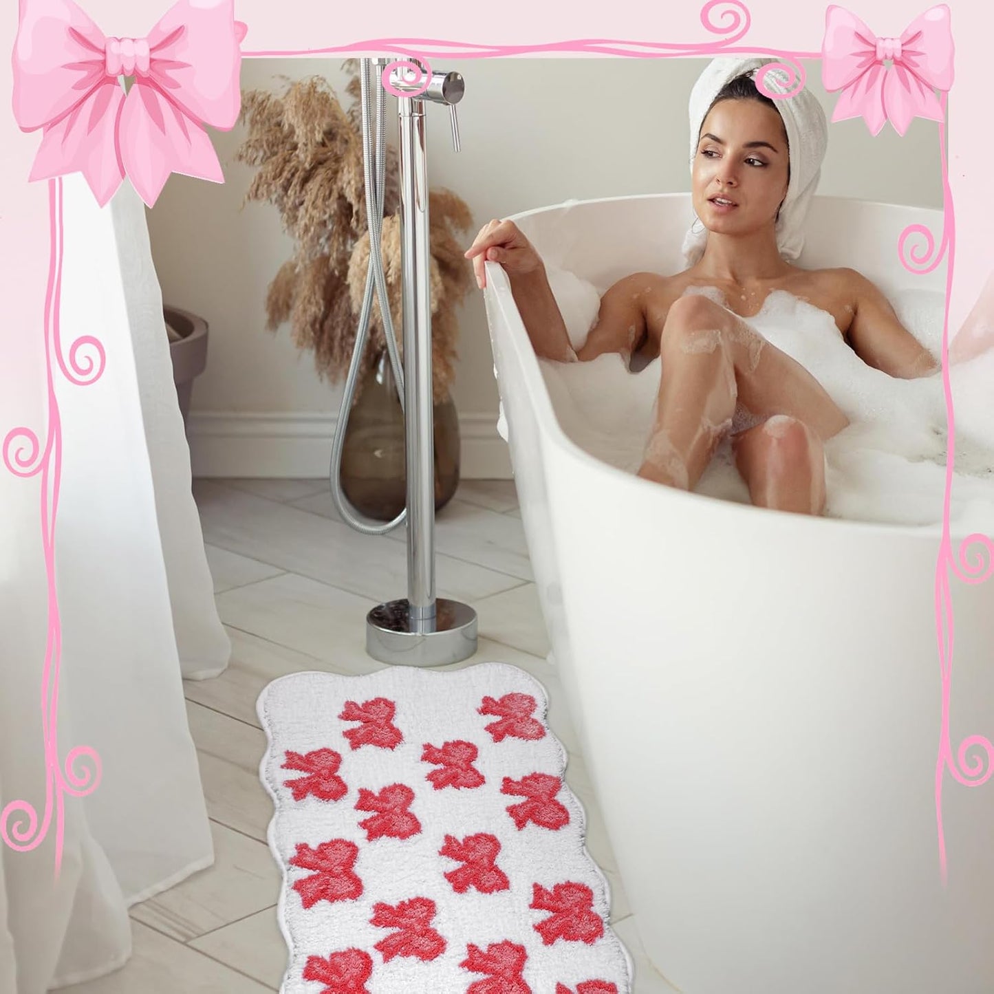 Tinideya 2 Pcs Pink Bow Rugs Non Slip Coquette Mats 17.2 x 29.3 Inch Pink Scalloped Bathroom Coquette Rugs Microfiber Absorbent Wedding Bow Bath Mat Bathroom Decor for Door Kitchen Bedroom Living Home