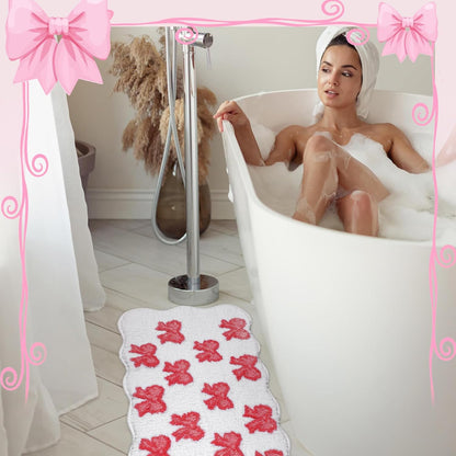 Tinideya 2 Pcs Pink Bow Rugs Non Slip Coquette Mats 17.2 x 29.3 Inch Pink Scalloped Bathroom Coquette Rugs Microfiber Absorbent Wedding Bow Bath Mat Bathroom Decor for Door Kitchen Bedroom Living Home