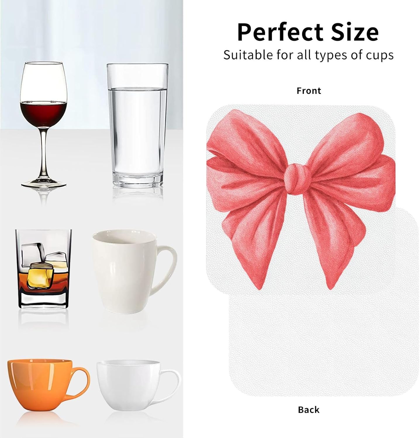 Watercolor Cute Bow Light Red and Pink Drinks Coasters Set of 4 Leather Drink Coasters for Tabletop Protection Heat Resistant Bar Cup Mat Pad