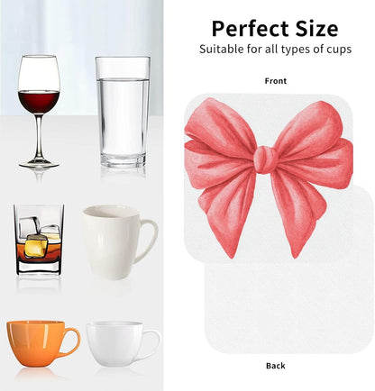 Watercolor Cute Bow Light Red and Pink Drinks Coasters Set of 4 Leather Drink Coasters for Tabletop Protection Heat Resistant Bar Cup Mat Pad