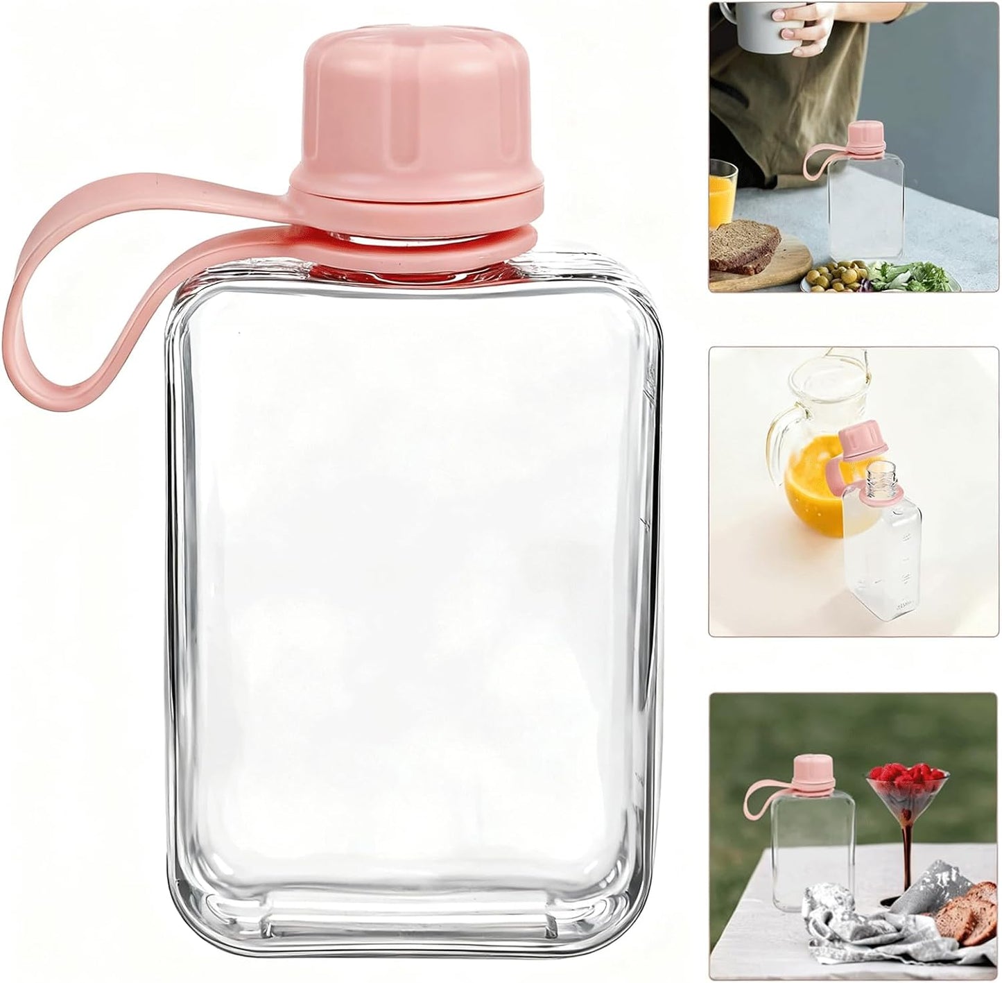 8.2 oz/240 ml Flat Travel Water Bottle, BPA Free Tritan Reusable Plastic Water Bottles Square Plastic Flask Pocket for Camping, Fitness, Outdoor Sports, Fits Purse and Pocket（Pink）