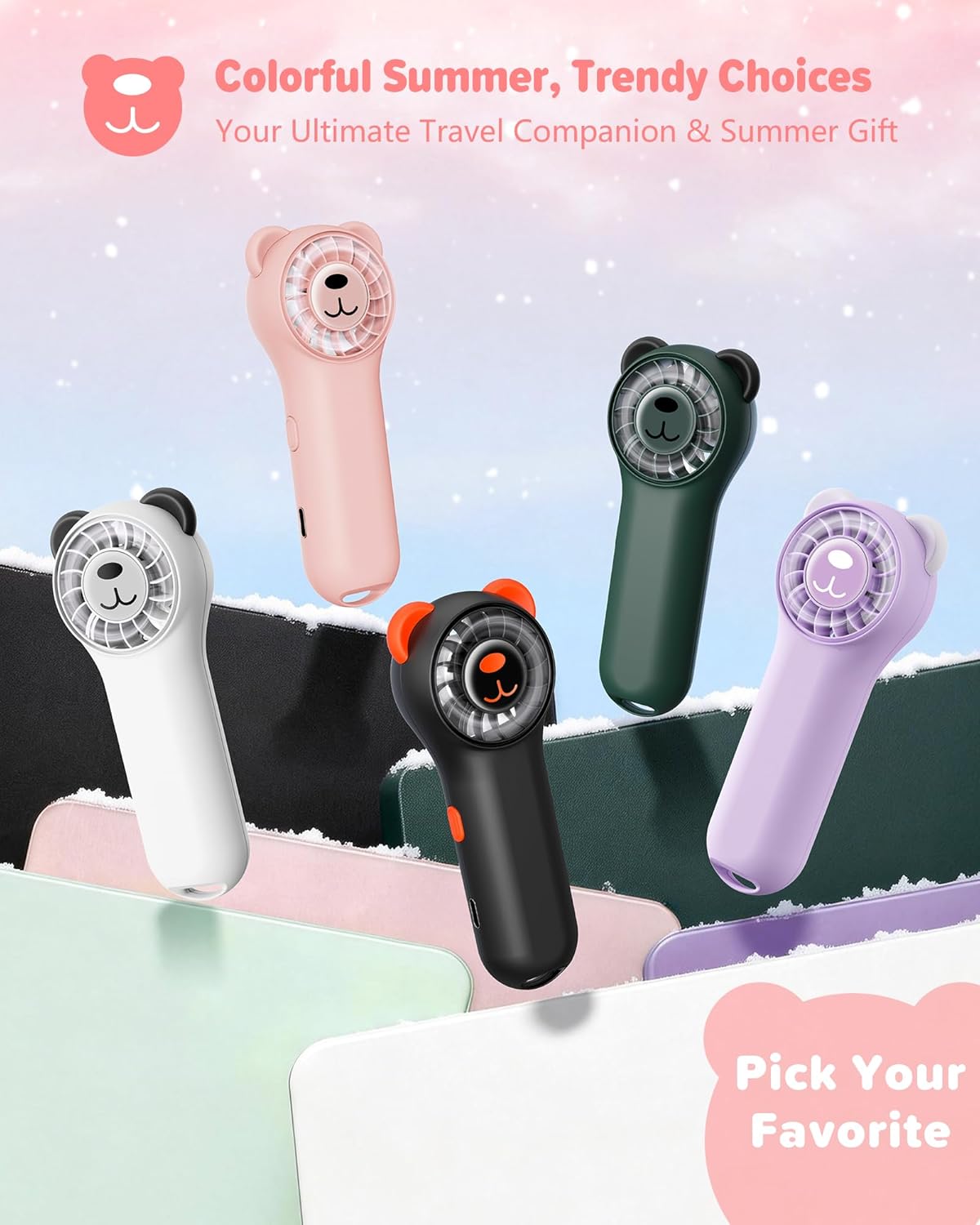 Portable Handheld Fan, Cute Bear Mini Fan with 11000 RPM High Speed, Rechargeable Personal Fan with 4 Speeds, Pocket Small Fan for Travel, Makeup, Lash, Gifts for Women Girl - Pink
