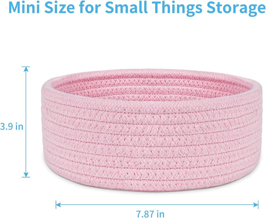 ABenkle Small Woven Basket, Empty Tiny Shallow Storage Baskets, Mini Cotton Rope Baskets, Round Decorative Hamper, Basket Storage Bins for Toys, Spa, Socks, Nursery, Living Room- Pink
