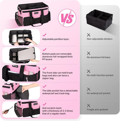 JKAOO Large Wearable Cleaning Caddy Bags,Cleaning Supplies Storage Bag with Handles and Adjustable Shoulder Strap and Removable Waist Straps,Waterproof Cleaning Bags for Home,Car,Office (Pink)