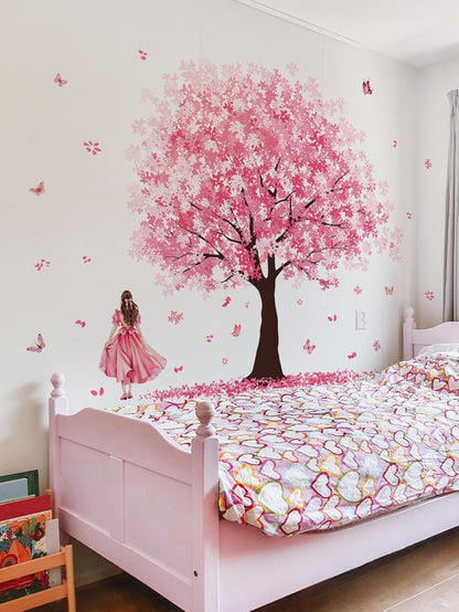 Wall Stickers Large Pink Cherry Blossom Tree Peel and Stick Removable Art Decals Decorative Ballgown Girl Butterflies Floral Wall Decor for Girls Kid Bedroom/Living Room Nursery,115cmX156cm