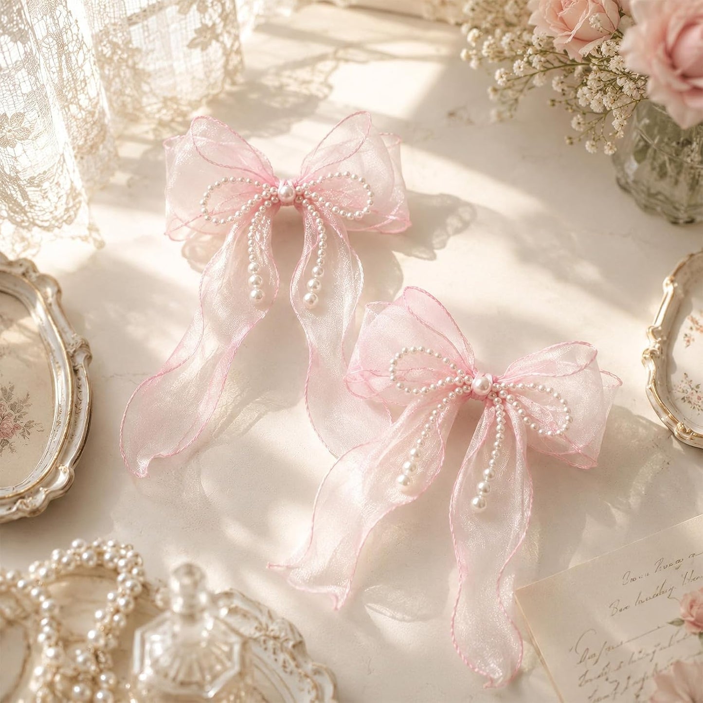 Bow Curtain Tiebacks - 2 Pcs Pink Curtain Ties with Pearls, Coquette Room Decor for Home Dining Room Living Room Bedroom Balcony, Housewarming Gift for Friends Family