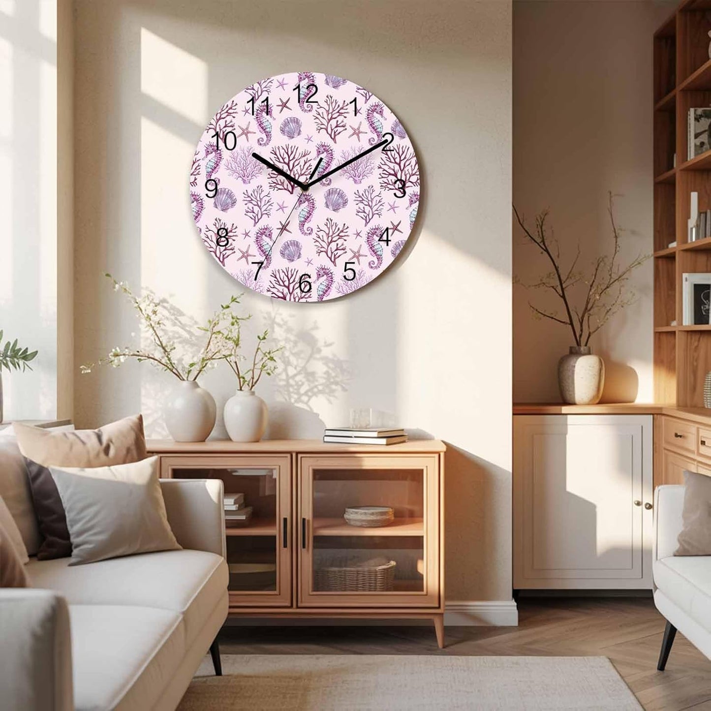 Marine Life Wall Clock Battery Operated Non-Ticking 10" Round Wood Clocks, Ocean Coral Seahorse Starfish Pink Kitchen Wall Clock for School Bathroom Living Room Home Office Wall Decor