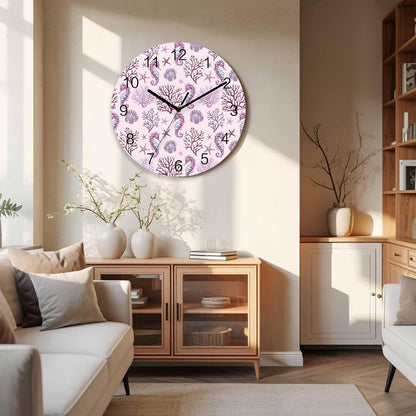 Marine Life Wall Clock Battery Operated Non-Ticking 10" Round Wood Clocks, Ocean Coral Seahorse Starfish Pink Kitchen Wall Clock for School Bathroom Living Room Home Office Wall Decor