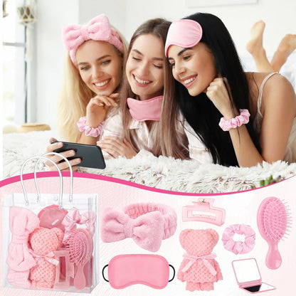 Suncalla 54 Pcs Spa Sleepover Party Supplies Include Bow Headband Eye Mask Bath Towel Scrunchies Hair Clip Comb Powder Puff Mirror Gift Bags for Women Girls Slumber Party Favors(Pink)