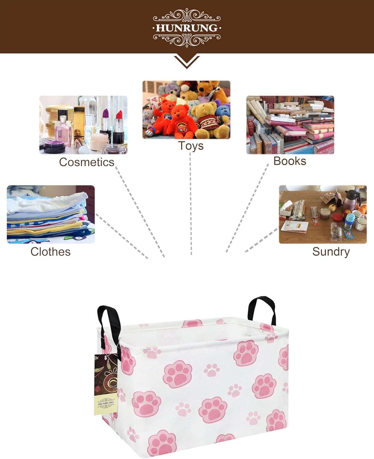 Rectangle Canvas Storage Basket Foldable Waterproof Toy Organizer Bin with Handles Fabric Collapsible Storage Bins for Shelves Kids Room Playroom Nursery Clothes and Pet Supplies(REC-Pink Paw)