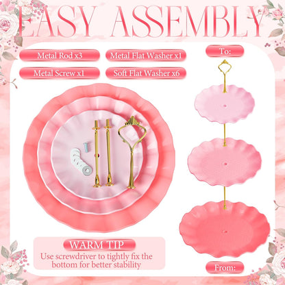 Novabright 3 Pack Pink Cupcake Stands, Round 3-Tier Gradient Serving Tray, Plastic Dessert Table Display Tower for Wedding Bridal Baby Shower Birthday Tea Party