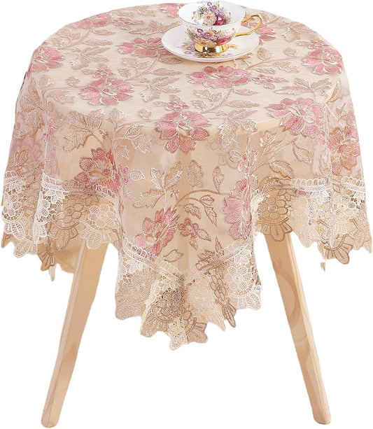 Round Pink Floral Tablecloth - Lace Embroidered Elegant Decorative Edging Table Cover for Coffee Wedding Holiday(Pink, 48" Round)