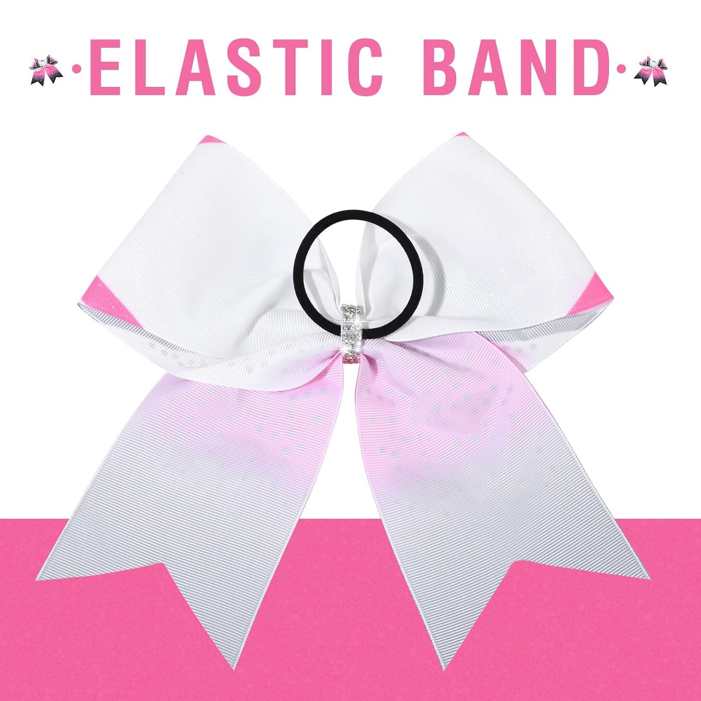 DEEKA 6PCS 8" Large Glitter Cheer Bows Black and Pink Gradient Color Rhinestone Shiny Cheer Hair Bows Elastic Band Ponytail Holder for Cheerleader Girls Sports -White/Pink/Black