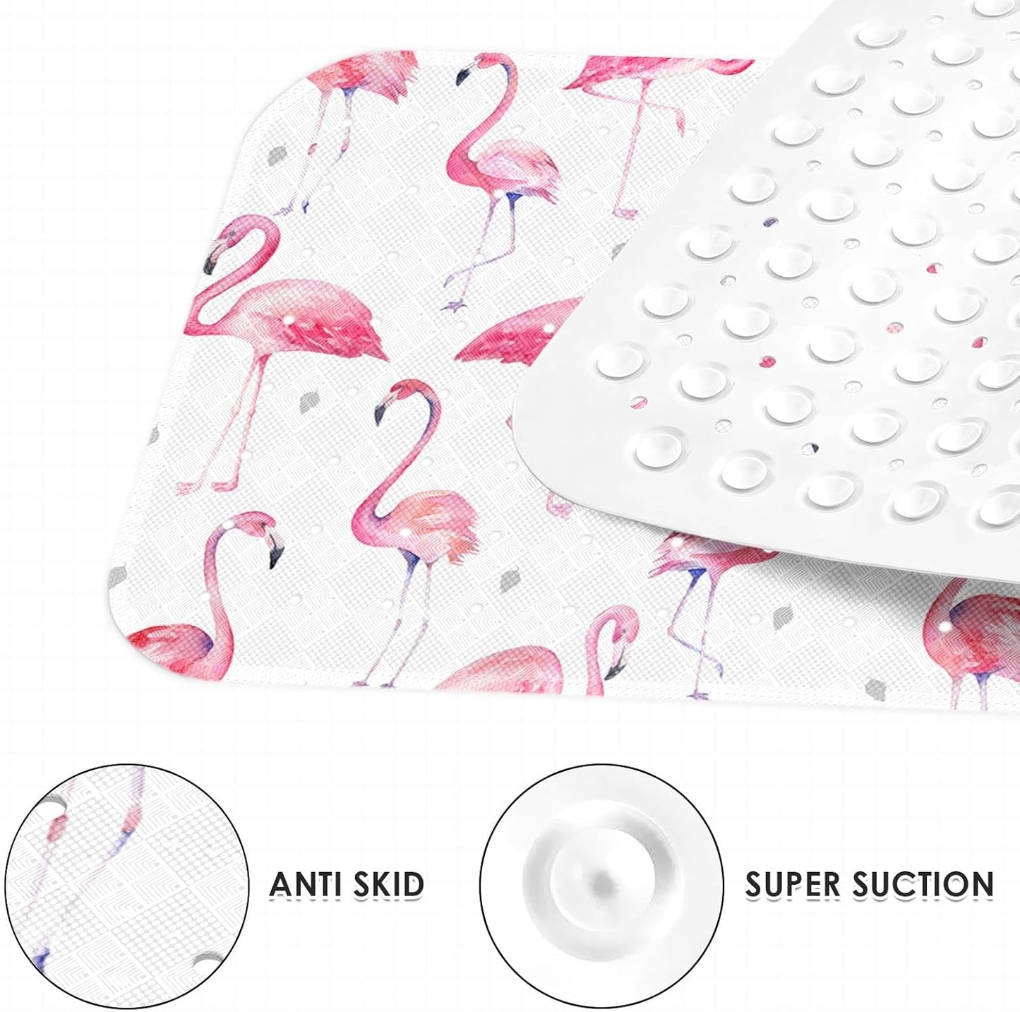 Pink Watercolor Flamingo Bathtub Shower Mat Non-Slip Tub Mat Extra Long Bath Floor Mats 40X16 Inch Machine Washable for Bathroom Tub Bath Mat for Aldult,Toddler and Baby